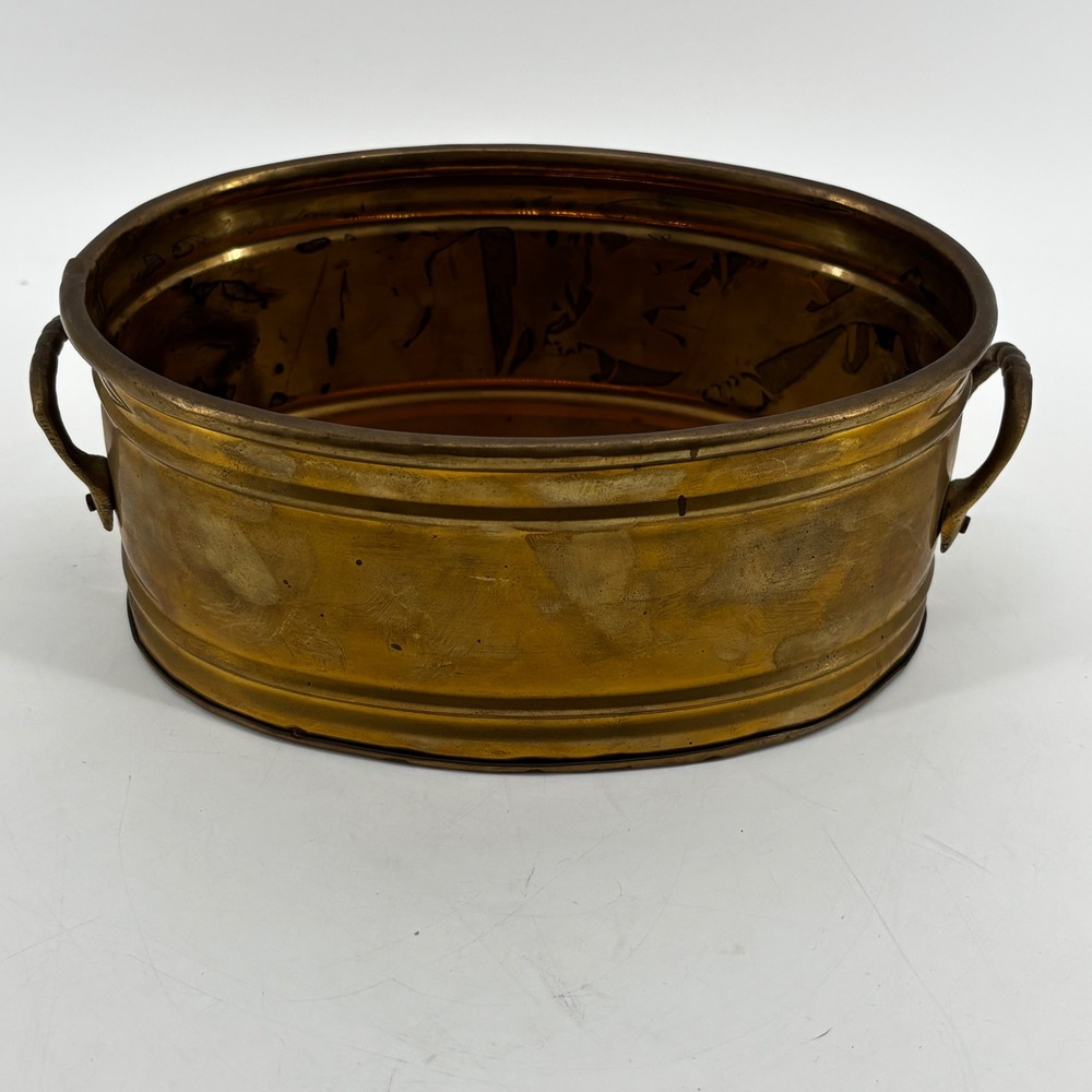 Vintage Oval Brass Planter Basin with Handles Made in India 6.5 Inch